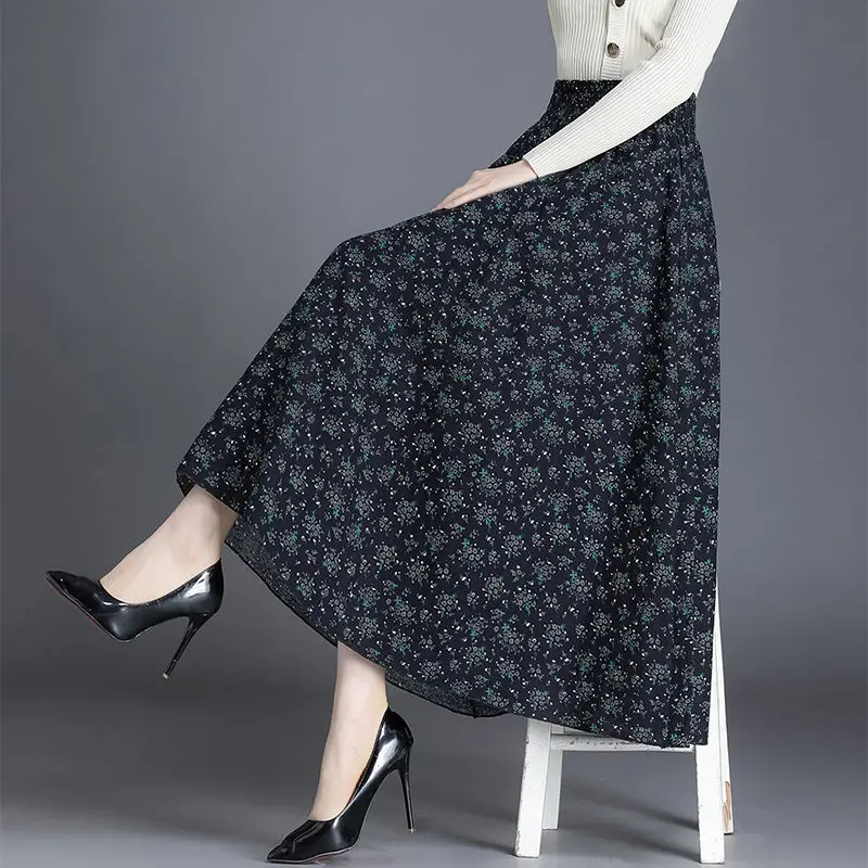 Cotton Linen Skirt 2022 Spring Autumn New Double-layer High Waist Large Swing A-line Skirt Women Retro Broken Flowers Show Thin black pencil skirt Skirts