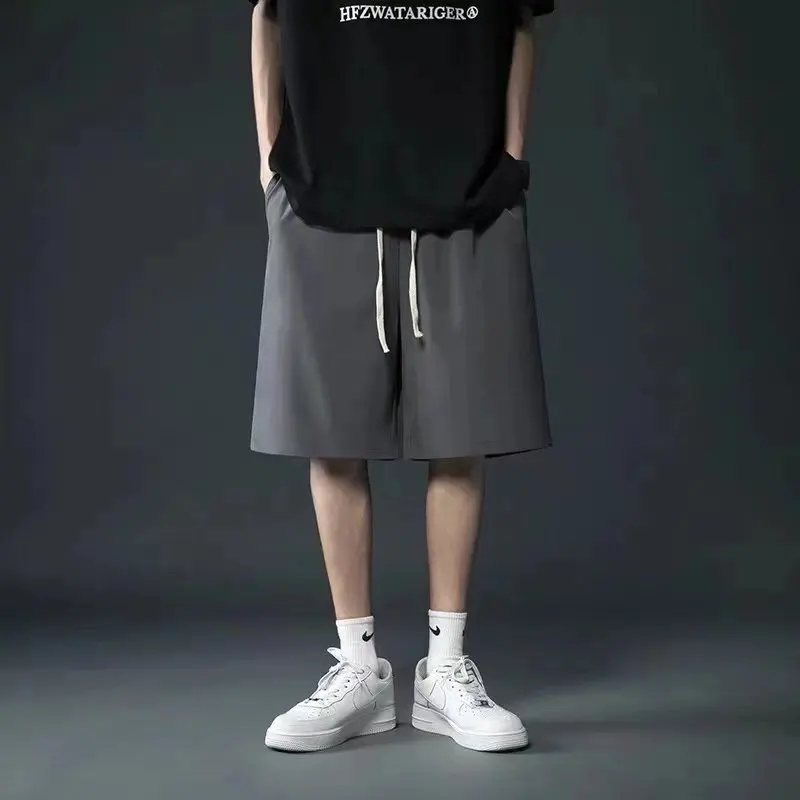 Men Summer Korean Solid Color Loose Oversize Casual Wide Legs Straight Cylinder Sagging Sensation Ice Shreds Plus Size Shorts