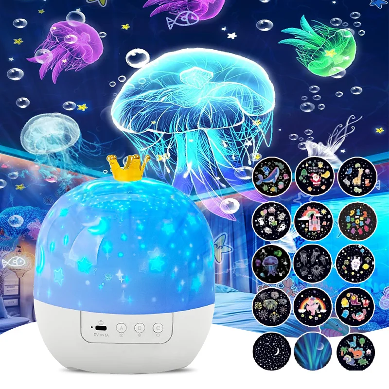 Corona de fantasía, proyección de cielo estrellado, luz nocturna 15 en 1, lámpara de ambiente giratoria de techo para dormitorio, decoración del hogar, regalo de cumpleaños para niños