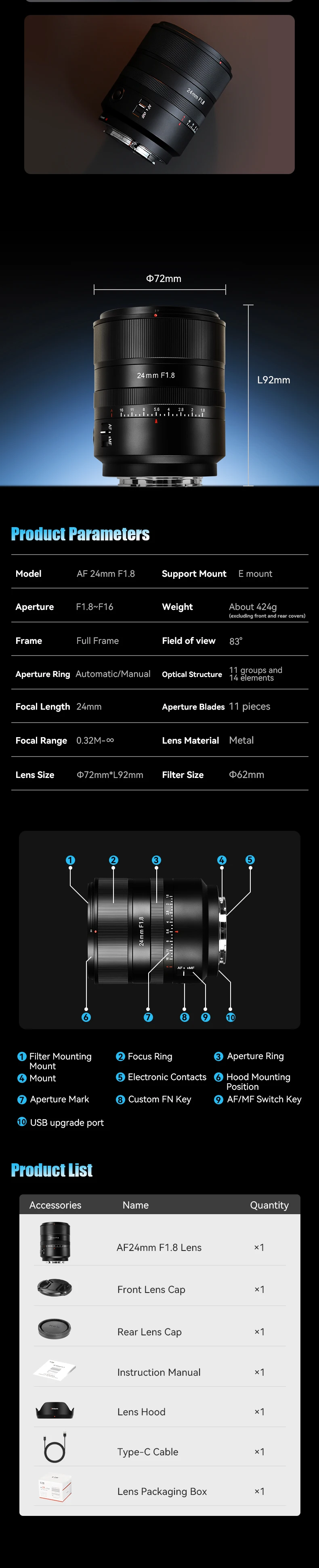 7artisans 24mm F1.8 Full Frame Auto Focus STM Camera Lens Large Aperture Prime L