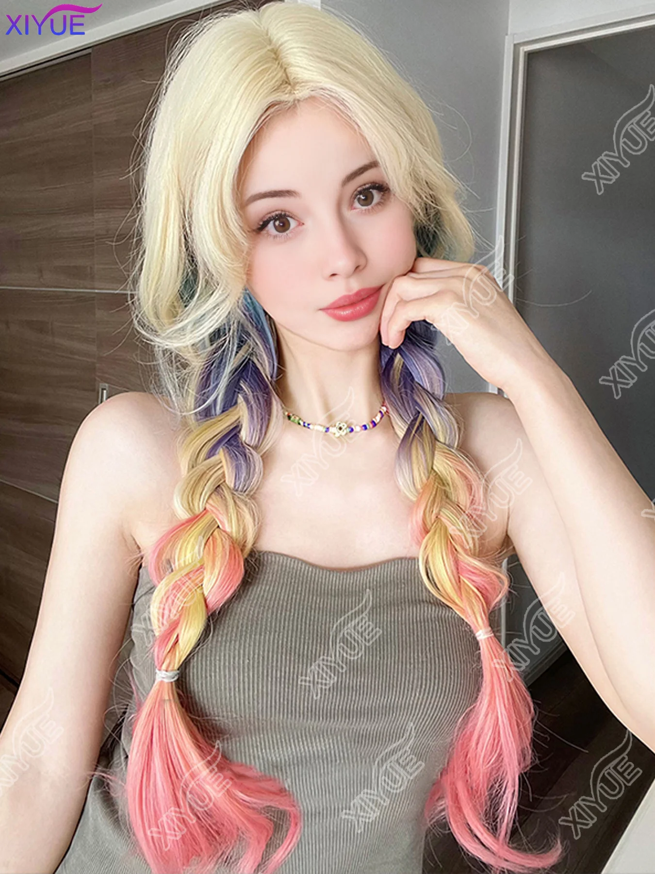 XIYUE 26Inch Dopamine Girl Style Blonde Mix Multicolour Synthetic Wigs Middle Part Long Wavy Hair Wig For Women Cosplay