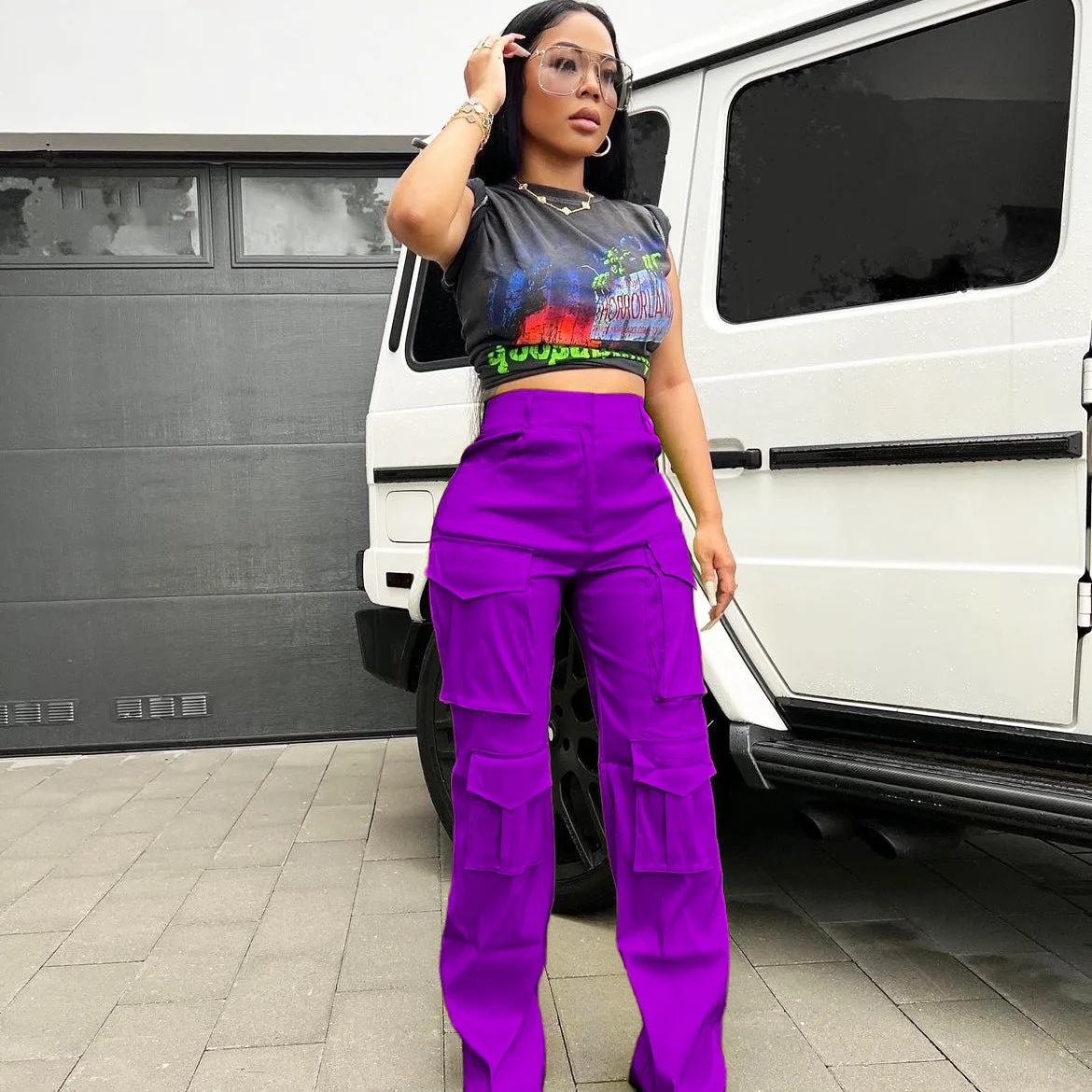 Women Trousers Summer Fashion Multi-Pocket Elastic Straight Cargo Pants Lady Streetwear Loose Solid Color Casual Wide Leg Pants