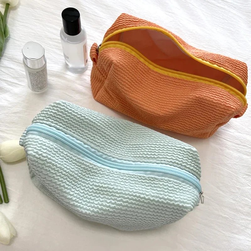 

New Women Solid Color Makeup Bag Zipper Pleated Makeup Organizer Bag Travel Female Toiletry Bag Make Up Organizer