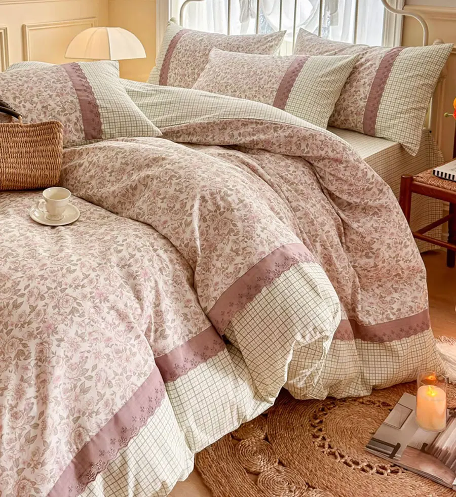 

Romantic sweet fairyfair flower plaid bedding set 1.5 1.8,full queen floral cotton home textile bed sheet pillowcase quilt cover