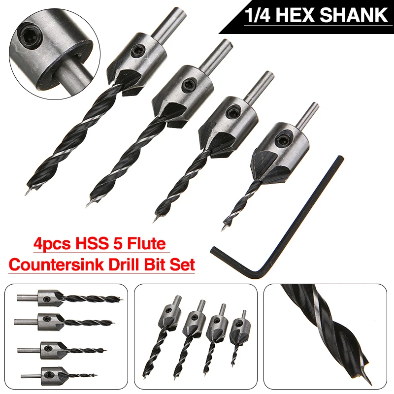 4pcs 5 Flute HSS Countersink Drill Bit Set Carpentry Reamer Woodworking Chamfer End Milling Hole Wood Tool 3-6mm