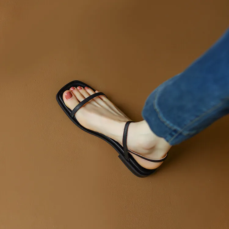 Chic Designer Black Leather Women Flats Sandals Simple Style