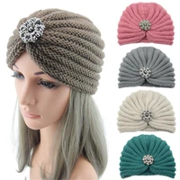 Women Bohemian Style Warm Winter Autumn Knitted Cap Fashion Boho Soft Hair Accessories Turban Solid Color Female Muslim Hat 2
