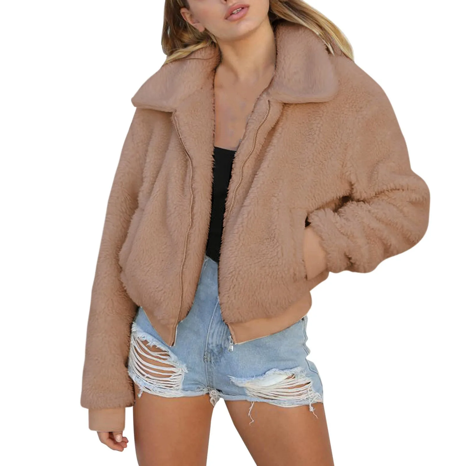 

Women Coat Long Sleeve Clothing Fleece Solid Colors Fluffy Short Jacket