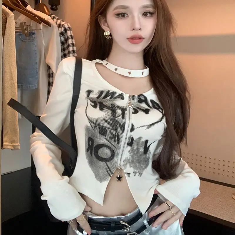 

Harajuku Streetwear Y2k Cropped Cardigan Double Zipper Tops Halter Long Sleeve T-shirt Women Slim Sexy Shirts Japanese Tees New