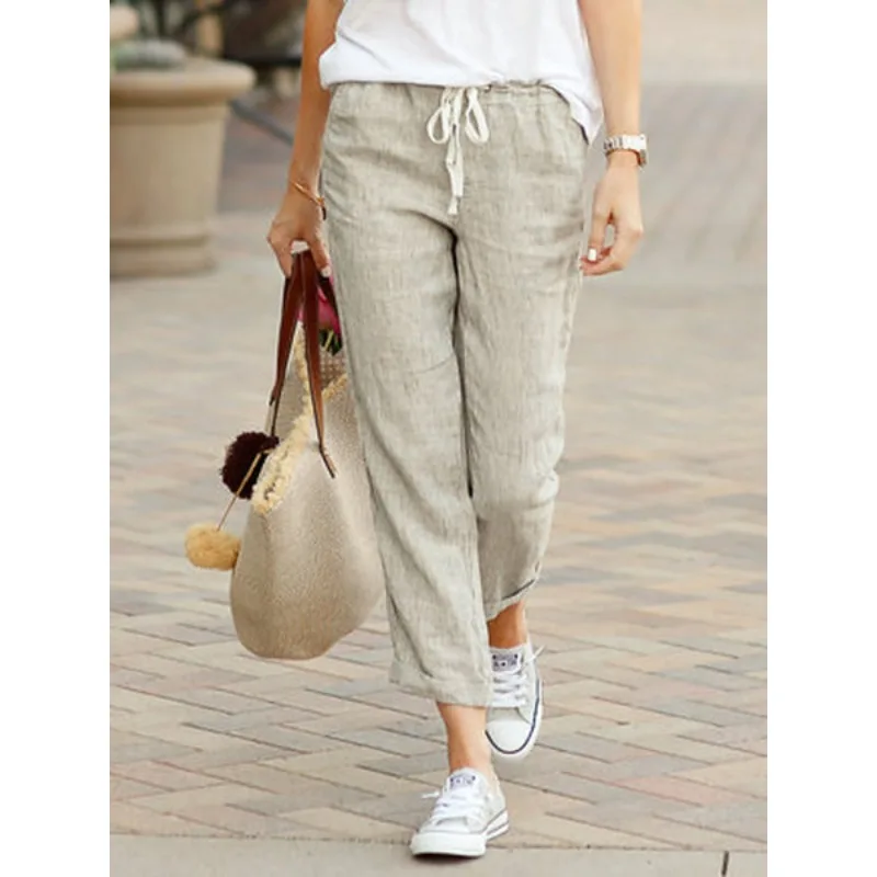 

Casual Cotton Linen Pant Women Loose Solid Pockets Elastic Waist Straight Long Trousers Ladies Summer Elegant Office Ninth Pants