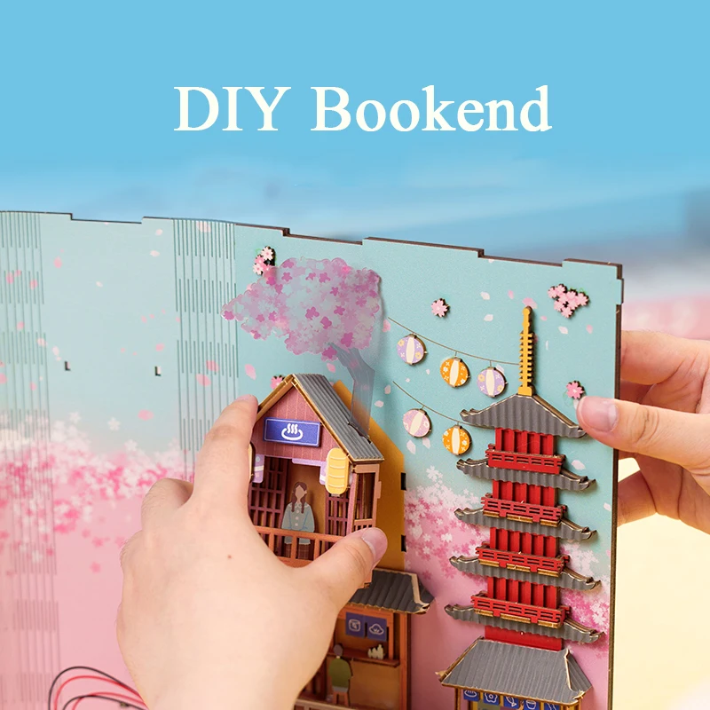 DIY 나무 책 구석 선반 삽입 키트, 미니어처 모델 키트, 벚꽃 책장, 3D 퍼즐 북엔드, 성인 생일 선물