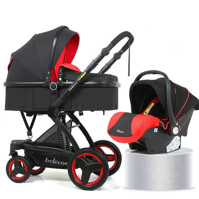 Baby Stroller High Landscape Baby Stroller 3 in 1 Luxury Hot Mom Stroller Travel Pram Reversible Baby Trolley Pink with Car Seat