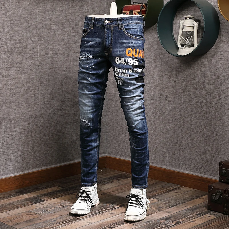 

High Street Fashion Men Jeans Retro Blue Stretch Slim Fit Vintage Ripped Jeans Men Printed Designer Hip Hop Brand Pants Hombre