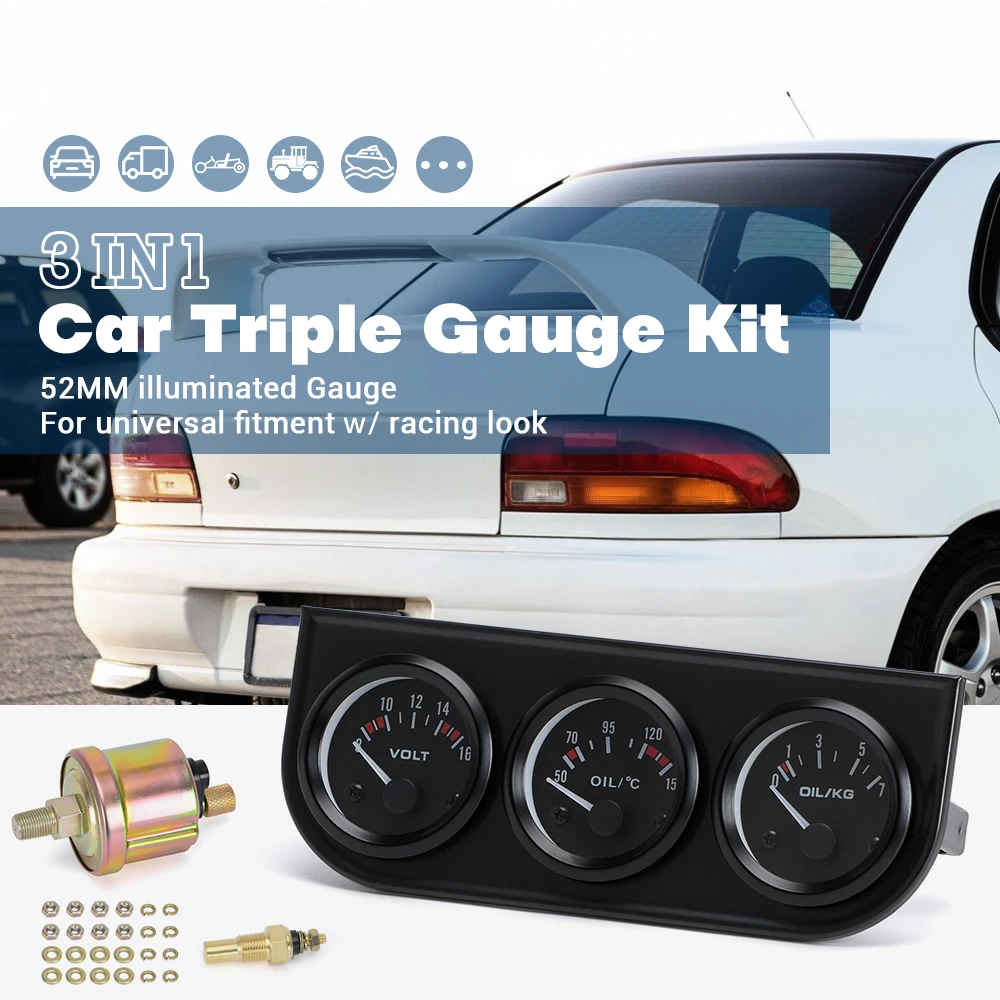 Water Temp Gauge Racing Car Gauge Racing Meter Automotive Gauge LIZHI RACING-52mm Electrial Triple Kit(Voltmeter+oil Temp Gauge+Oil Pressure Gauge)Sensor Temperature Or Water Temperature Gauge
