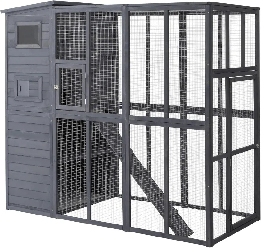 Outdoor Catio Cat House Wooden Feral Cat Shelter Cage with Platforms Waterproof Asphalt Roof Ramps 77" L Gray