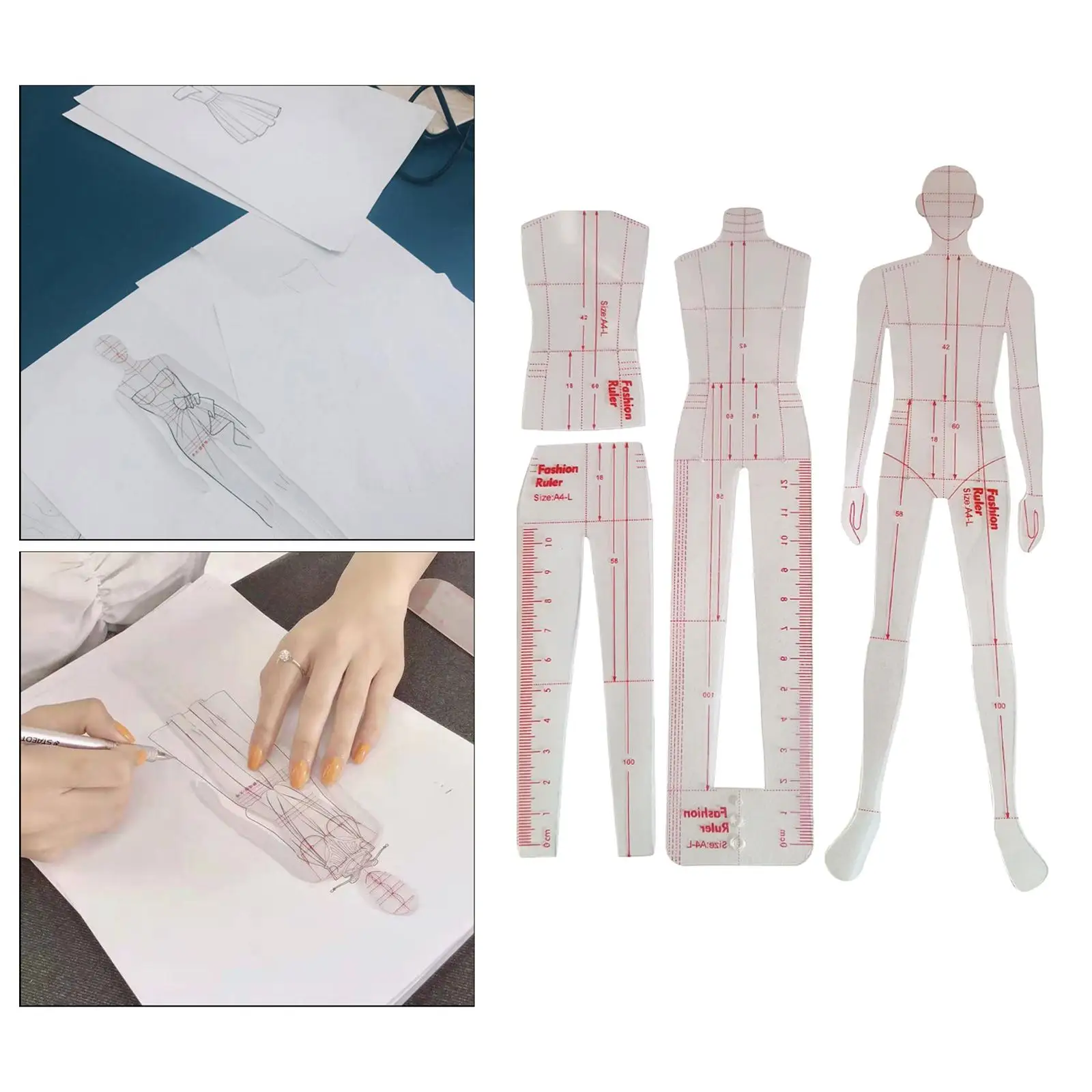 패션 드로잉 템플릿 눈금자 바느질 휴머노이드 패턴 디자인 패치워크 눈금자 모델, 드레스용 패션 일러스트 눈금자