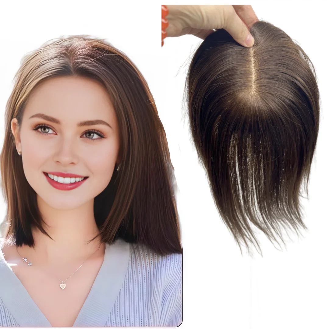Dark Brown Silk Base Real Human Hair Toppers Clip In Hair Pieces Natural Straight Cover White Loss For Women Remy