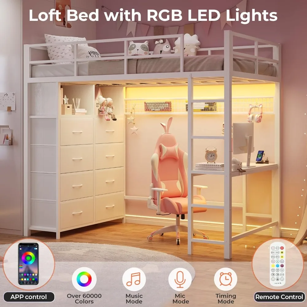 Twin Loft Bed with Desk & 8 Drawers Tall Dresser, Metal Loft Bed with LED Lights & Charging Station, 2-Tier Storage Shelves, Sta 5