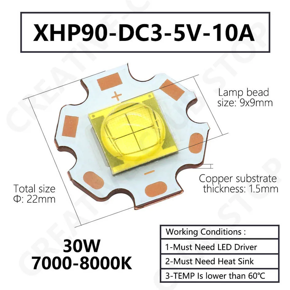 2 Stück Kaltweiße 7000K 20mm LED-Chip-Lampenperlen XHP70 90 110 Hochleistungs-24W 60W 72W Hohe Lumen 4V 7V 25V für Taschenlampen-Reparatur DIY – Detail 3