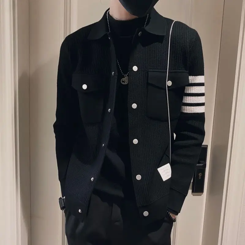 Autumn Winter KPOP Fashion Style Harajuku Slim Fit Outerwear Loose Casual All Match Knitwear Lapel Cardigan Pockets Sweaters