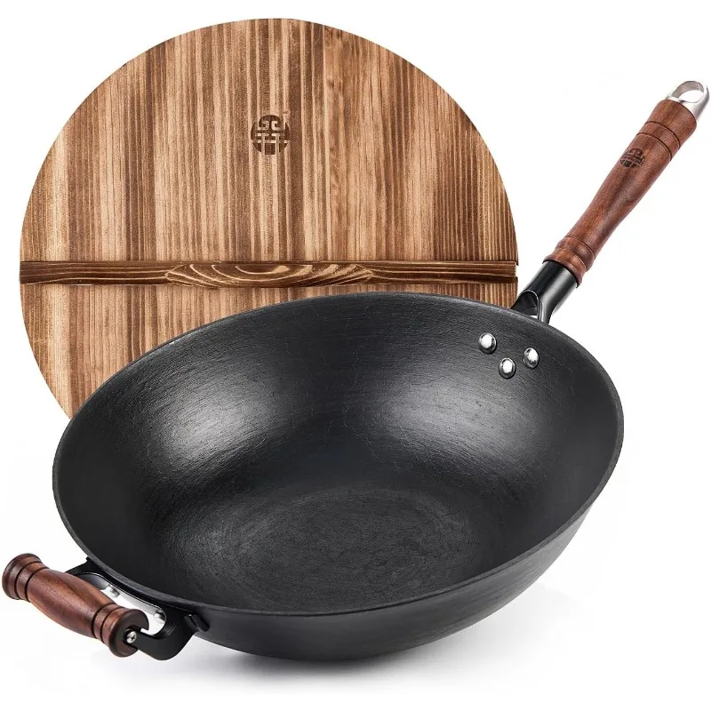 Cast Iron Wok Pan,Handmade Wok Wok Stir with Dual Handle and Wooden Lid,Suitable for All Cooktops,Uncoated 4