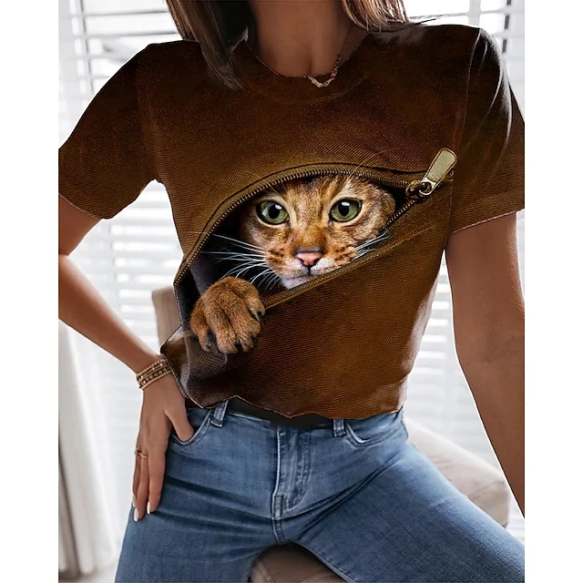New  Printing Cute Cat/Cat Printing Female T-shirt Fashion Fitness Girl Short-sleeved Tops Fashion Casual Niche Design Clothing NUBP-5