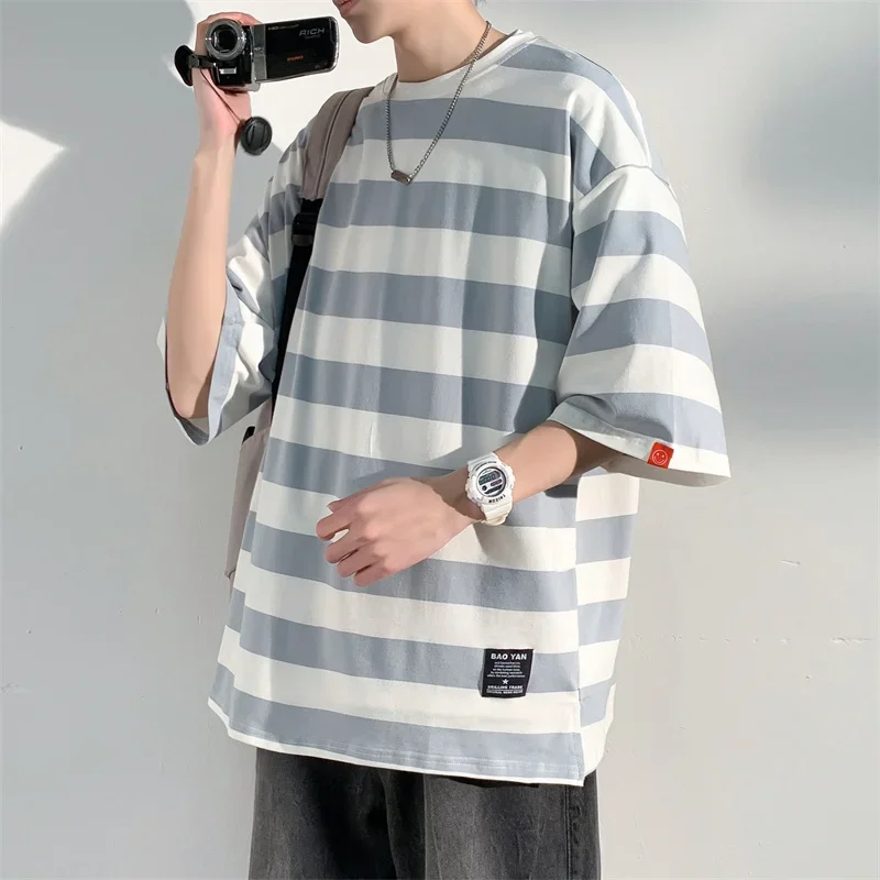 T-shirt Homme INC International Concepts Rayé Col Fendu, Blanc, Taille L, Neuf
