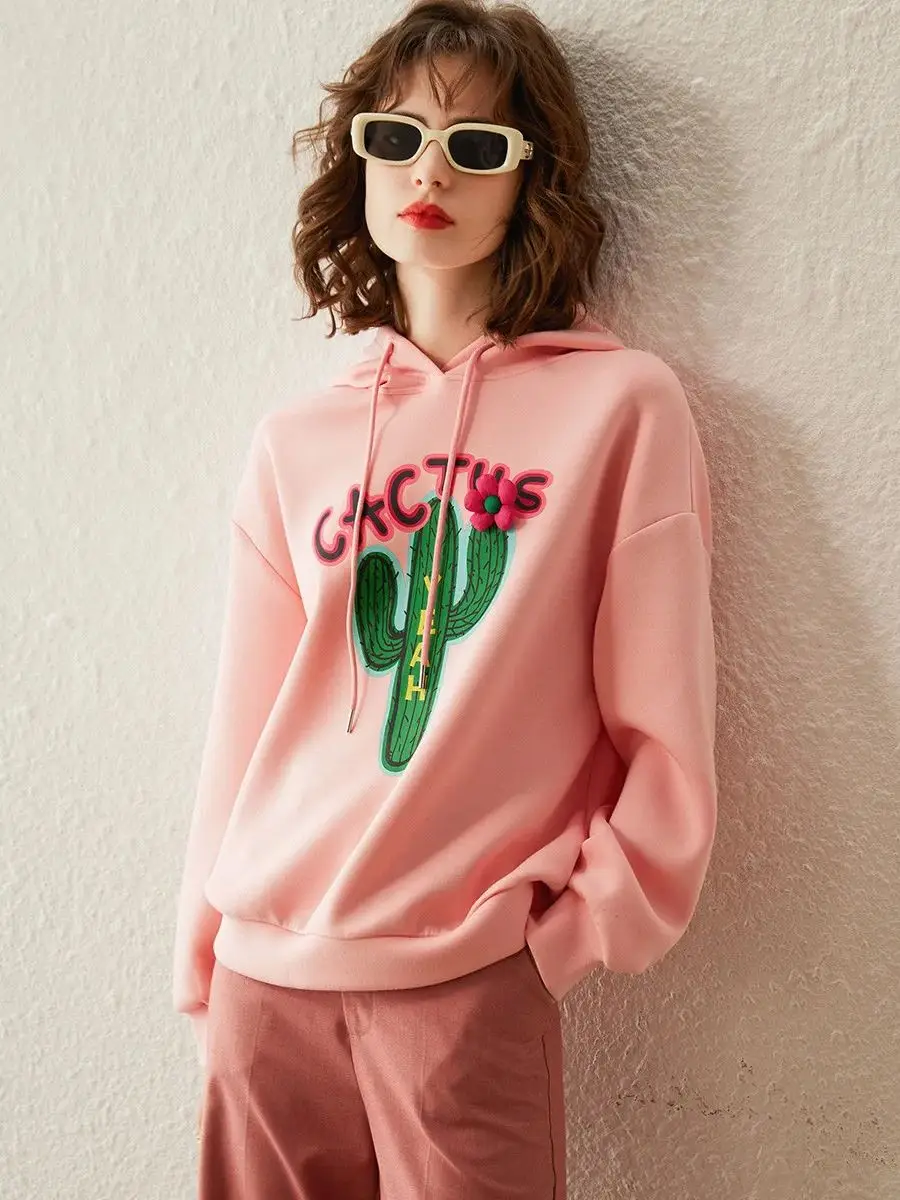 LOUIS YAO Women Sweatshirt Hoodie 2024 Spring New Long Sleeve Loose Fit Print Letter Pullover Detachable Flower Casual Tops