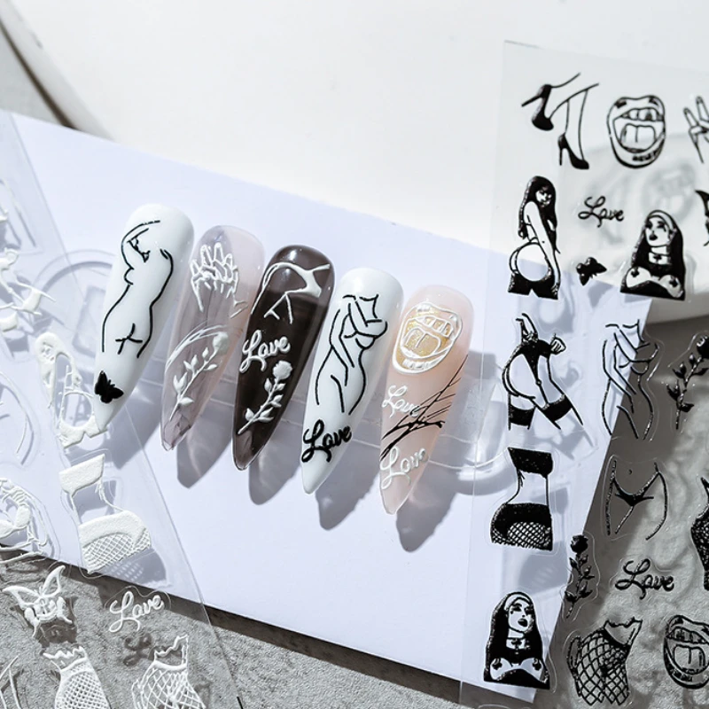 

Черно-белые сексуальные линии дизайна 5D, мягкие рельефные рельефы, наклейки для дизайна ногтей, 3D наклейки для ногтей, оптовая продажа