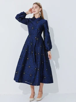 Fall/Winter Turned Collar Lined Sleeve A-Line Silhouette Geometric Heavyweight Jacquard Elegant and Graceful Long Dress