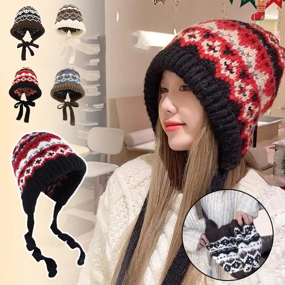 Winter Hat Knitted Hat Women Ethnic Style Striped Spliced Knitted Woolen Hat For Autumn And Winter Thickened Warm And Cold Resistant Ear Protection