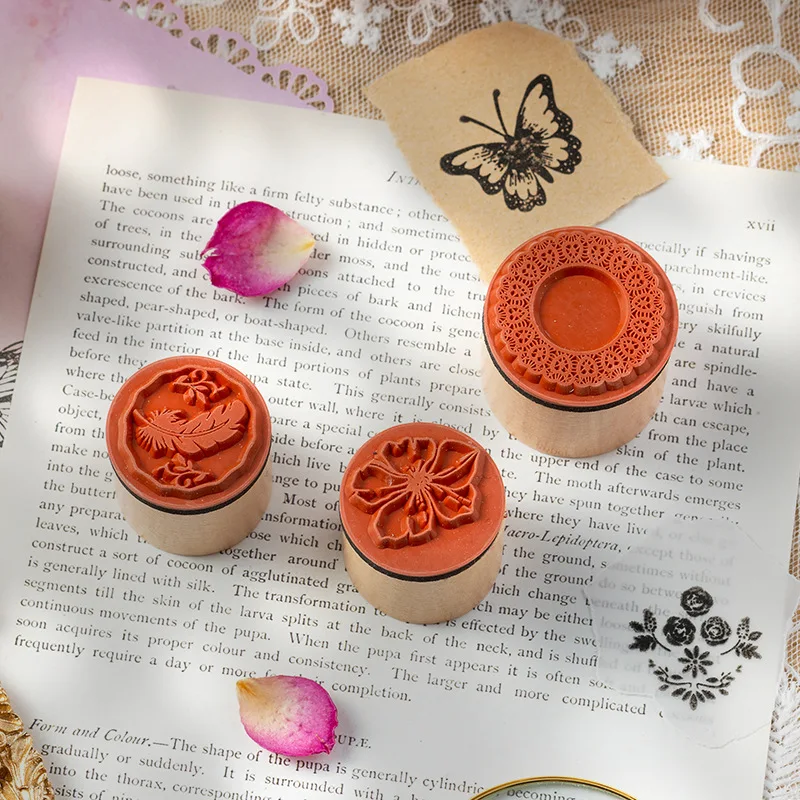 Creative Wooden Cylinder Stamp Set Butterfly Dance Among Flowers Series Diary Photo Album DIY Handbook Stamp Single Optional wooden stamps decorative stamps
