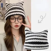 New Japanese Streetwear Harajuku Beanie Little Devil Striped Knitted Hat Women Girls Autumn Winter Cute Cat Ears Cap 3