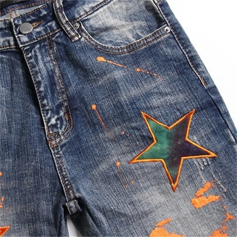 EH·MD Orange Splash Ink Jeans Men's Star Embroidery Patch 3D Printing Soft Casual Cotton Trend Youth Distress Extension Stretch