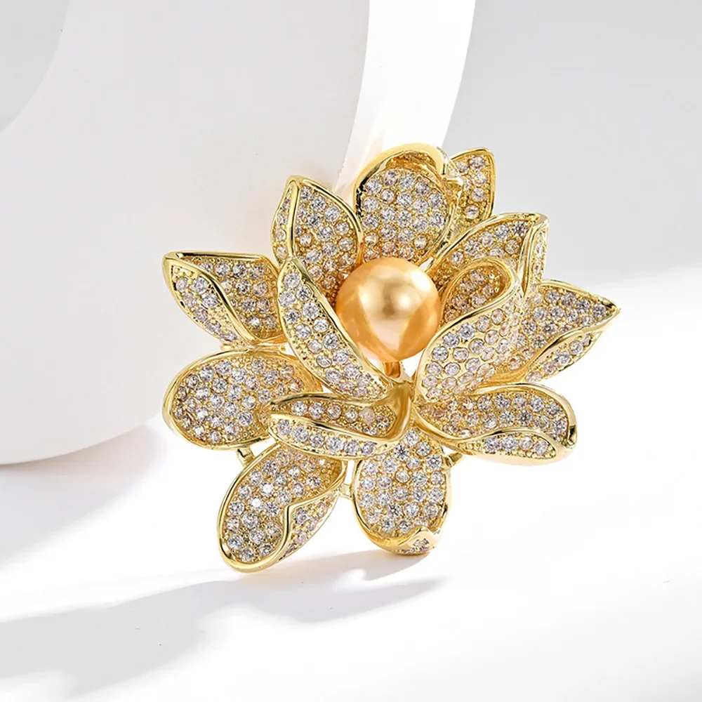 fashion Brooch for Women Gold Color Lotus Flower Brooches Pearl Zircon Inlaid Copper Pins jewelry Gifts Wholesale direct sales