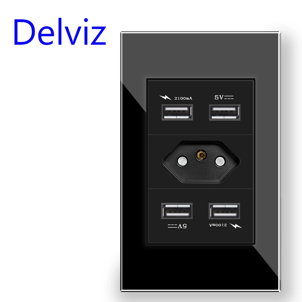 Delviz Brazil Standard Socket, 120mm*72mm Crystal Glass Panel,White/Black,AC 110V~250V, 3gangs 3 Pins hole 10A Power Wall Outlet