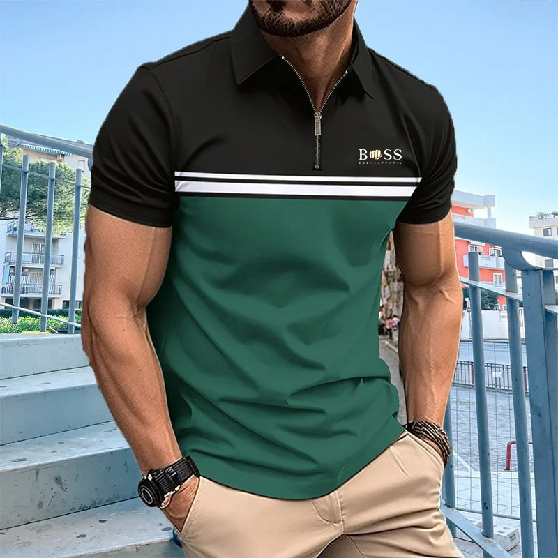 Hot selling men's summer short sleeved contrasting lapel zippered polo shirt, men's slim fit sports golf polo shirtpolyester top