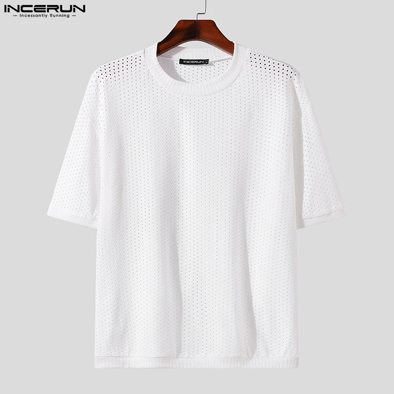 INCERUN 2023 Men T Shirt Mesh Transparent Solid O-neck Short Sleeve Streetwear Camisetas Summer Stylish Casual Tee Tops S-5XL