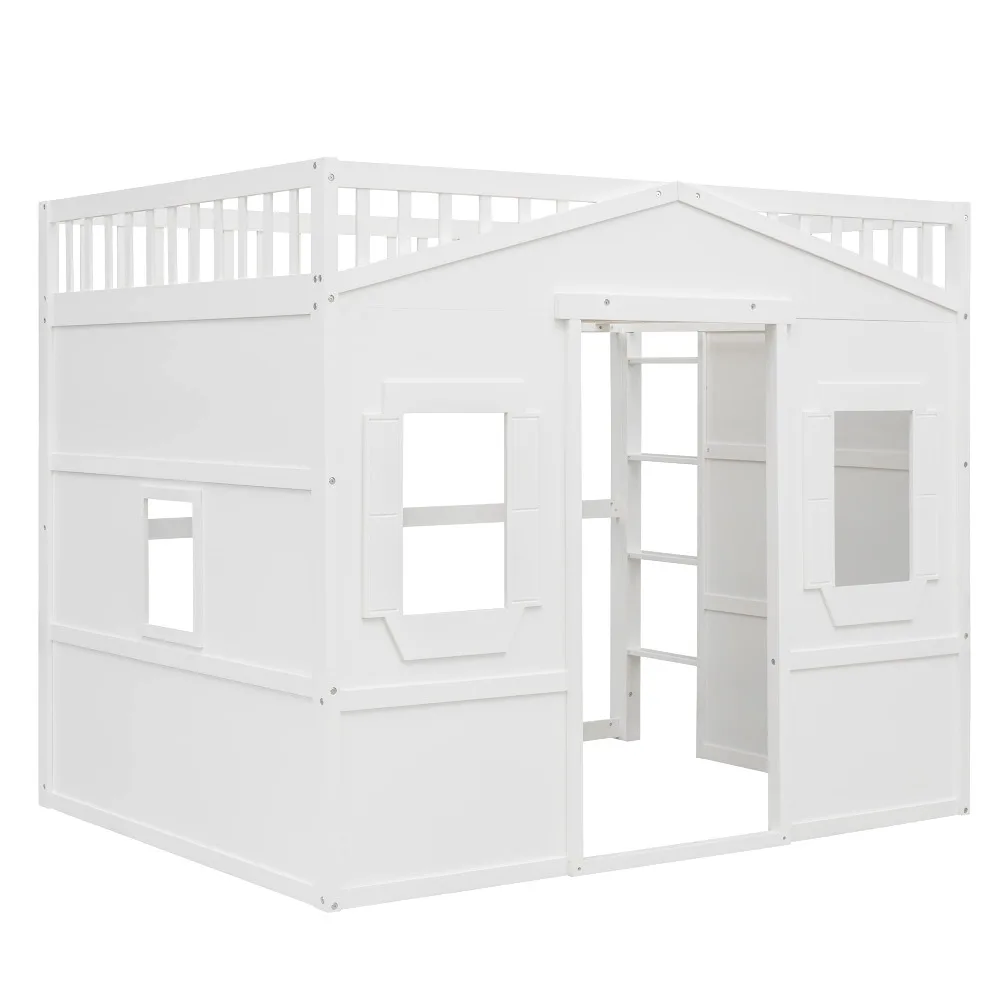 Full Size Loft Bed with Safety Guardrail for Kids Boys Girls, Playhouse Design Solid Wood Loft Bed Frame with Ladder and Windows 4