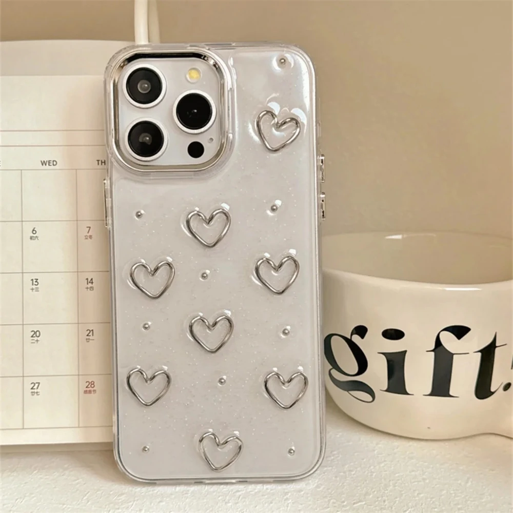 Korea Cute Metal Love Heart Epoxy Glitter Bling Phone Case