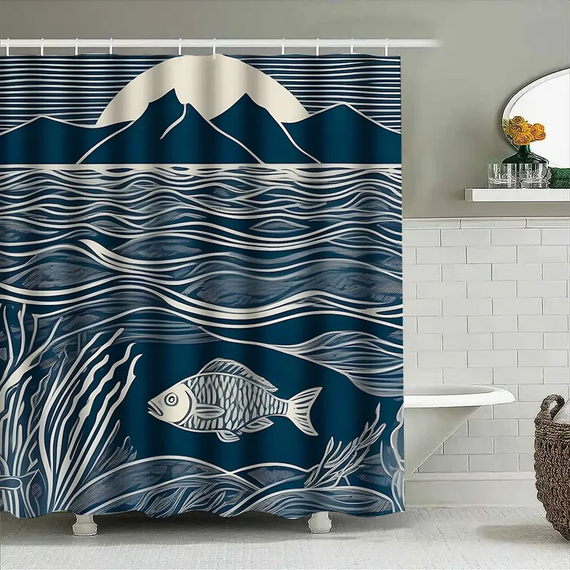 Modern Artistic Blue and White Fish and Mountain Pattern Waterproof Shower Curtain for Stylish Bathroom Decor, Easy Instal 6