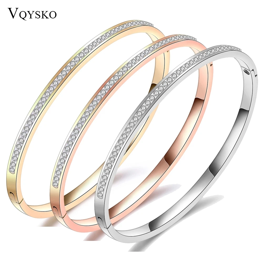 Bangle Bracelet Fashion Jewelry With Two Line Crystal Rhinestone Pave Stainless Steel for Women