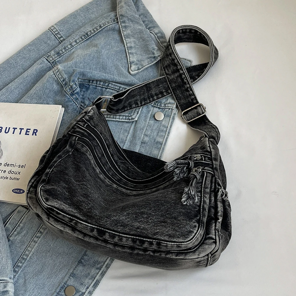 Women Denim Hobo Shoulder Bag Large Capacity Casual Messenger Crossbody Bags Vintage Satchel Bag Multi-pockets Retro Tote Bag