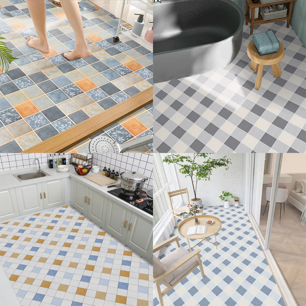 PVC Thick Waterproof Floor Stickers for Bathroom Ground Decor Self Adhesive Oil Proof Tile Stickers for Kitchen Removable Film