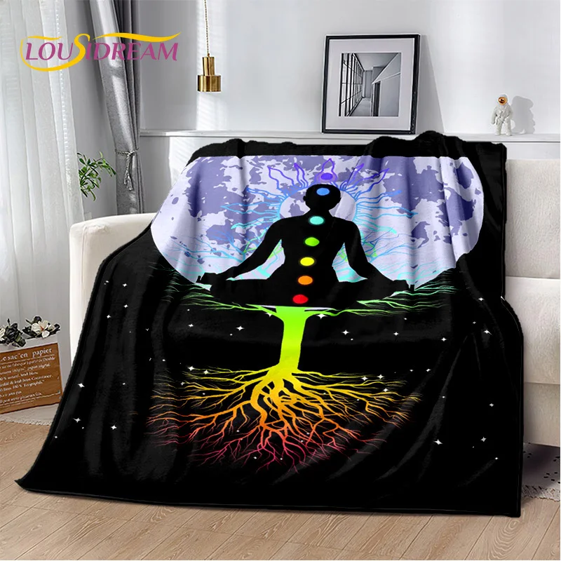3D 요가 선 자연화 명상 레인보우 7 차크라 담요, 홈 침실 침대 소파 피크닉 사무실 하이킹용 플란넬 스로우 담요