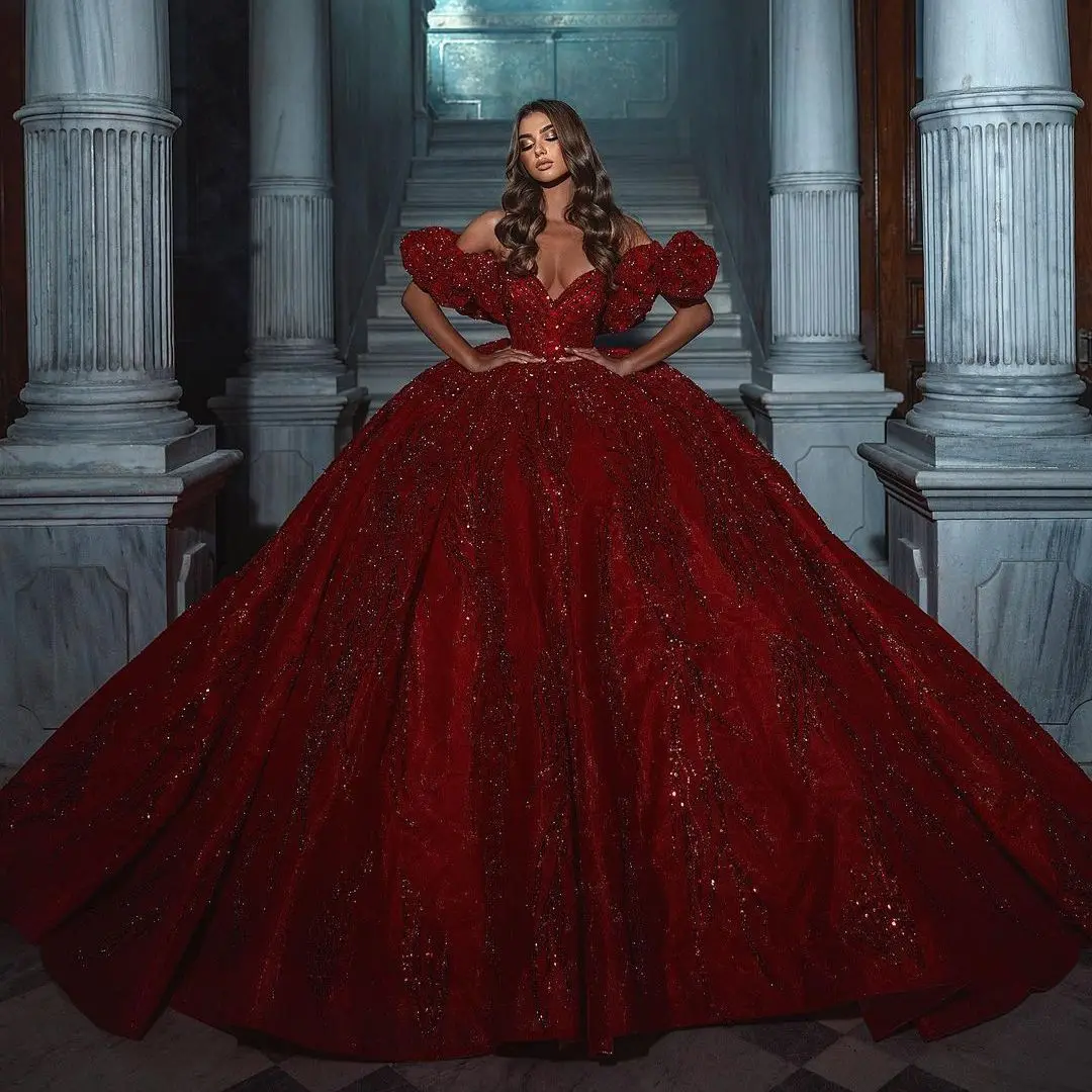 Vestidos Quinceanera com renda fora do ombro, vestidos de baile, babados, lantejoulas, vermelho luxuoso, personalizado, 15, 2024