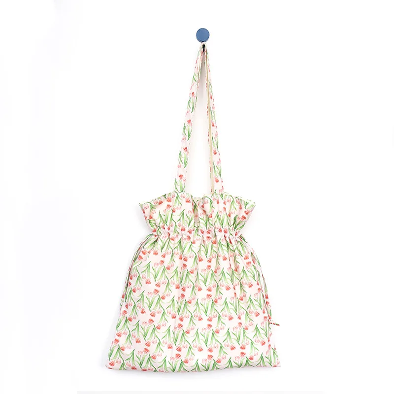 Small Fresh Style Canvas Bag Flower Print Shoulder Bag Cute Large Capacity Handbag Women's Aesthetic Leisure Shopping All-match