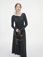 FSLE Women Autumn Knitted Elegant Set Dark Grey Blouse Skirt Asymmetric Design Thin Pullover Long Sleeve Top Long Knit Skirt - Image 2