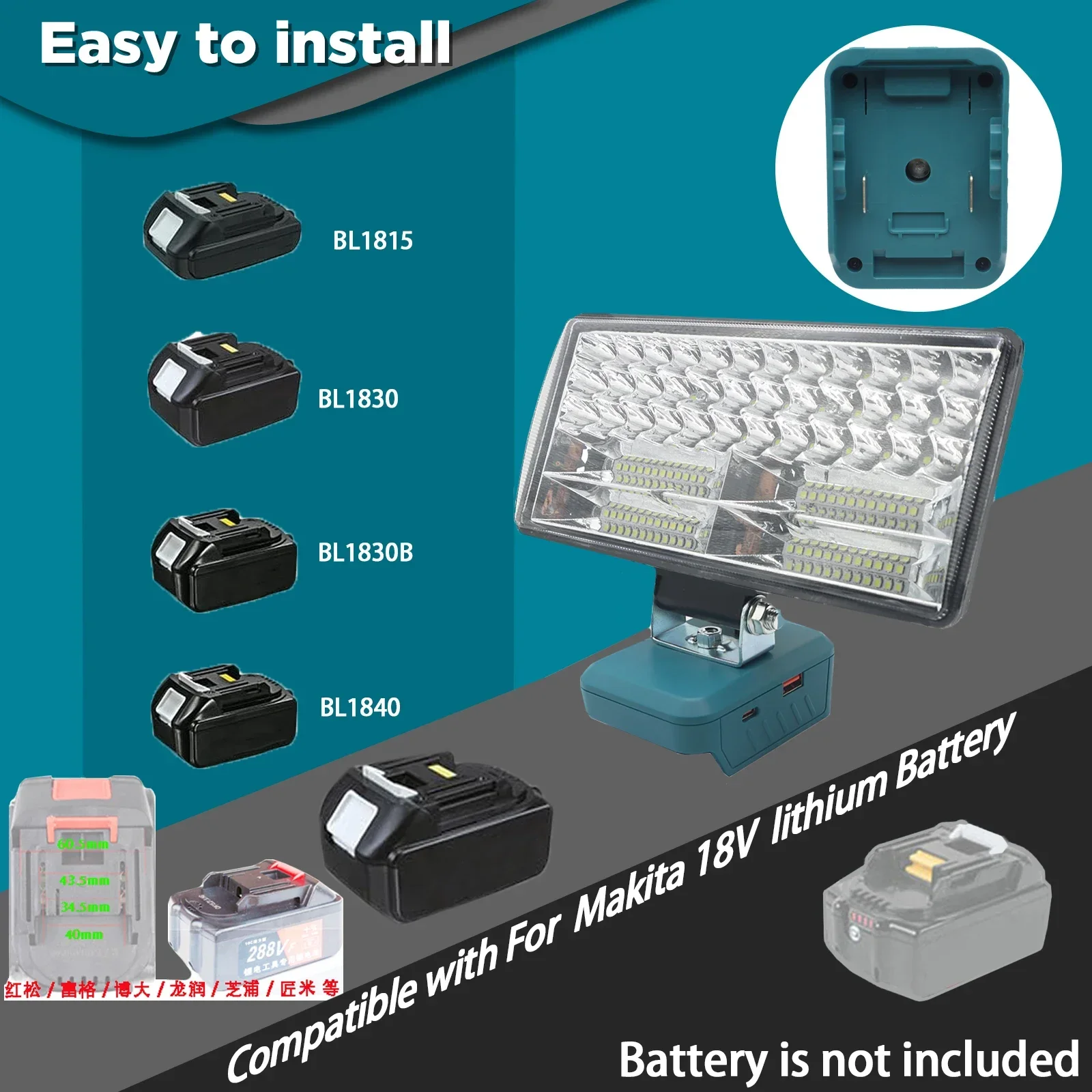 Portable Work Light Car LED Working Lamp Flashlight Torch Spotlight Type C USB Power Bank Makita Lomvum Zhipu Hongsong 18V Li-ion Battery