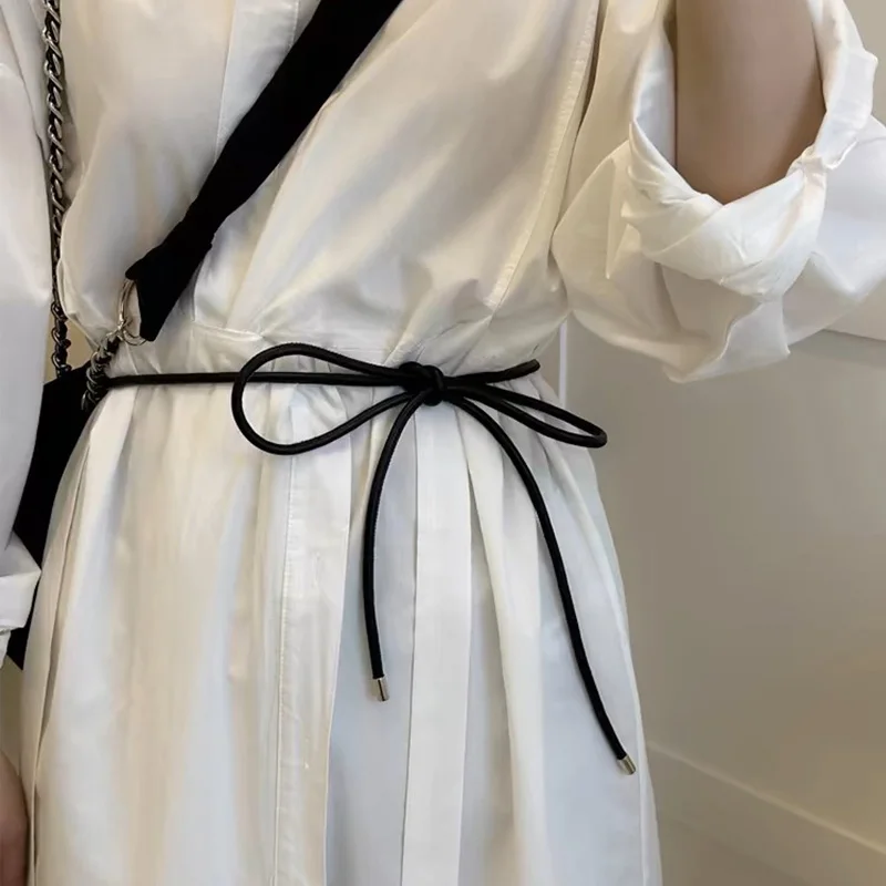 

Hot Round Leather Rope Thin Belt Women Fashion Skirt Decorative Waistband Knotted Waist Rope Coat Sweater Strap Long Slim Belts